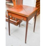An Edwardian mahogany inlaid folding card table, with guinea holes, baise lined top, single