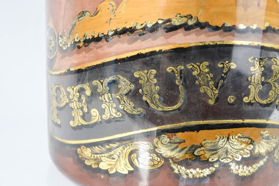 A large glass specimen jar and cover, painted with a bird and labelled Peruv. Bark, 51cm high. - Image 2 of 2