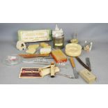 A group of vintage chemists collectables to include cut throat razor, carnauba wax, glass vials,