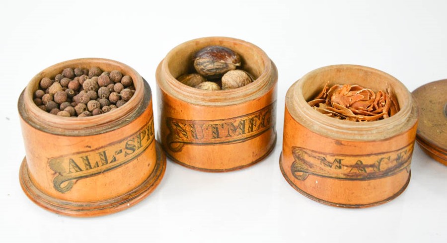 A 19th century satinwood spice box, composed of three compartments labelled Mace, Nutmegs and All - Image 2 of 2