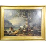 Johann Anton Castell (19th century): goat, cattle and horse under a tree with farmer and wife, oil
