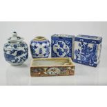 Two Chinese porcelain pillows 15cm high, together with two jars and a Canton box.