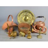 A quantity of brass and copper to include copper kettle, brass weight , copper horn etc