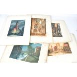A group of hand tinted French prints, signed by various artists, including J. Danvil, Moncil