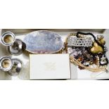 A silver clothes brush, pair of silver plated candlesticks, jewellery including rosary beads, and