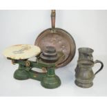Two pewter tankards , antique kitchen scales , copper bedpan