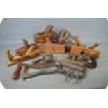 A quantity of woodworking planes and clamps to include Bailey No 4 and Stanley No 120