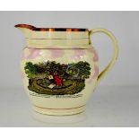 A Victorian Creamware Sunderland jug; hand painted and depicting poems and scenes, 20cm high.