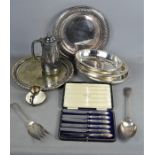 A quantity of silverplate to include , Walker and Hall coffee pot , boxed knives , tureens etc