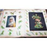 A Victorian scrap book, containing portraits, colour pictures, animals and other depictions.
