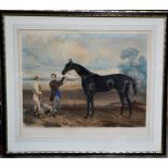 A 19th century print depicting race horse, jockey and trainer, titled Voltigeur, Winner of the Derby