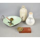 A micro slide turntable, a Dr Nelsons Improved ceramic inhaler, an enamelled bowl and a stoneware