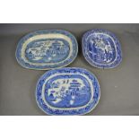 Three blue and white Victorian graduated meat plates.