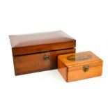 A 19th century mahogany box with key together with a Mauchline ware box depicting Derwent Water