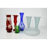A group of bohemian coloured glassware, to include blue vase enamelled with decoration, two red