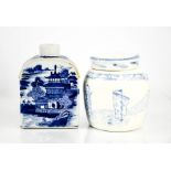 A Chinese blue and white jar and cover together with a blue and white bottle vase depicting