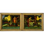 A pair of 19th century reverse painting on glass titled The Beautiful Florist and The Lovely