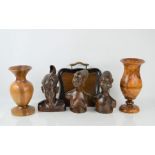 A group of African carved bust together with Treen vases and coal scuttle tray.