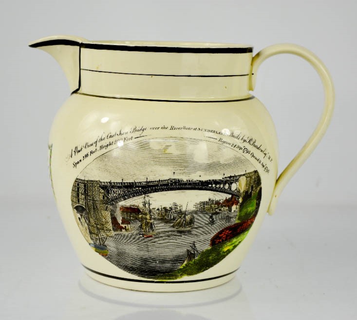 A Victorian Creamware Sunderland jug; depicting the West View of the Cast Iron Bridge over the River