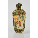 An antique Chinese Tibetan Sino brass snuff bottle, hand carved yak bone and stone embellishments to