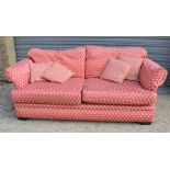 A Country house style red silk mix two seater settee