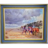Daniel Crane (20th century): Horses entering Beach, print on canvas, 99 by 79cm.