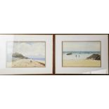A pair of watercolours depicting beach scenes.