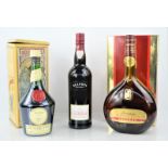 A boxed bottle of Napoleon "Janneau" Armagnac together with a bottle of Blandy's madeira wine and