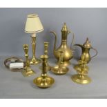 A group of brassware to include candlesticks , coffee pot , table lamp etc