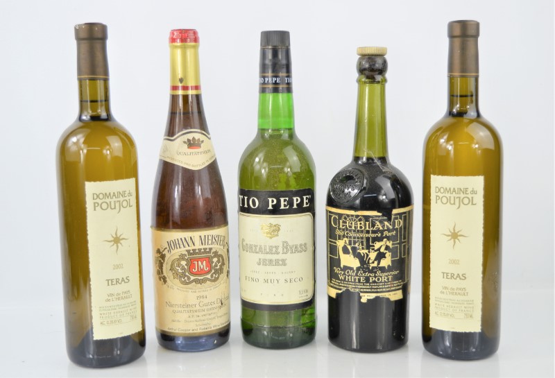 A group of vintage port, wine and sherry to include Clubland white port, Tio Pepe sherry , Domaine