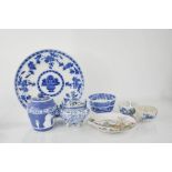 A group of blue and white china to include Jasperware tobacco jar and lid and Chinese blue and white