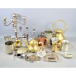 A quantity of brass, copper, pewter and silver-plate together with two silver napkin rings