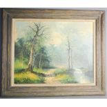 An unsigned oil on board, trees by water, 59 by 54cm.