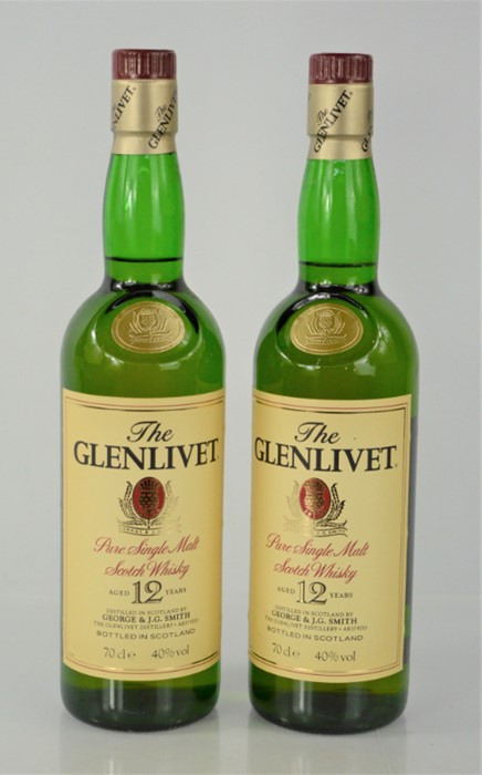 Two bottles of Glenlivet 12yr old single malt Scotch whisky