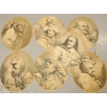 Six 19th century grotesque face mask prints - 35cm x29cm