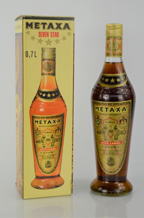 A boxed bottle of vintage Metaxa seven star gold label export Brandy