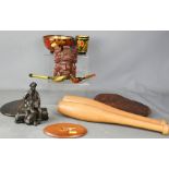 A group of treen to include black lacquered painted spoon and bowl