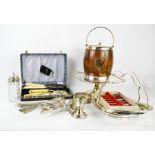 A group of silver plateware to include a comport, boxed set of cutlery, oak biscuit barrel, and