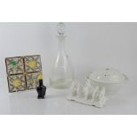 A group of kitchenalia to include German pottery, toast rack, Minton tile, blackbird pie funnel, and