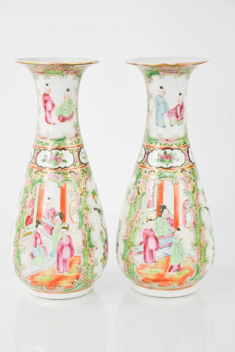 A 19th century Canton pair of lobed vases, decorated with birds and figures, with makers mark to the