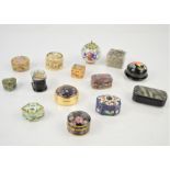 A group of vintage pill boxes to include pewter, champleve and papier-mache examples