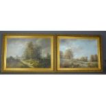 A pair of large oil on canvas depicting landscapes.