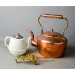 A Victorian copper kettle, brass stand, and Victorian salt-glazed tea pot.