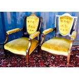 A pair of Edwardian mahogany inlaid and upholstered bedroom chairs.