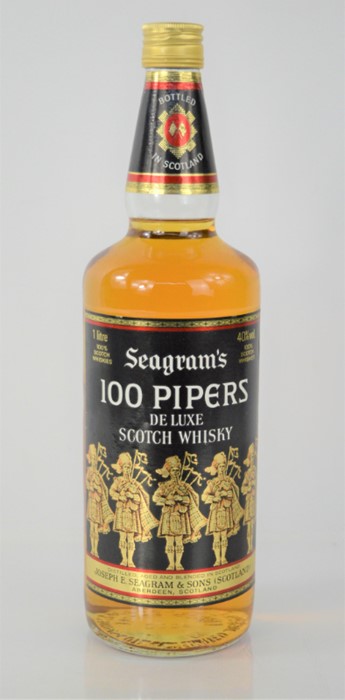 A bottle of Seagram's 100 pipers deluxe Scotch whisky