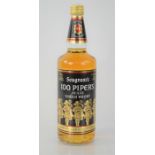 A bottle of Seagram's 100 pipers deluxe Scotch whisky