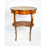 A 19th century French walnut and inlaid kidney shaped table with gilt metal mounts, and undertier