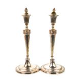 A pair of Edwardian Adams style candlesticks and covers, 24cm high.