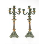 A pair of French 19th century candelabras, with green patinated and bronzed sconces, 48cm high.