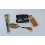 A Solid silver rat tail spoon together with a set of vintage gold plated glasses in case and a